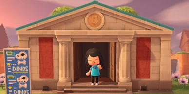an image of my custom avatar from nintendo's animal crossing game in front of the in-me museum.
