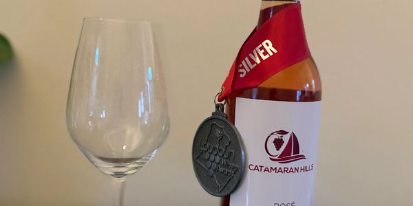 Wine bottle with a silver medal and empty glass beside it.