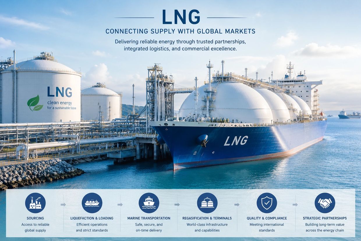LNG ship and storage tanks with supply chain process icons.