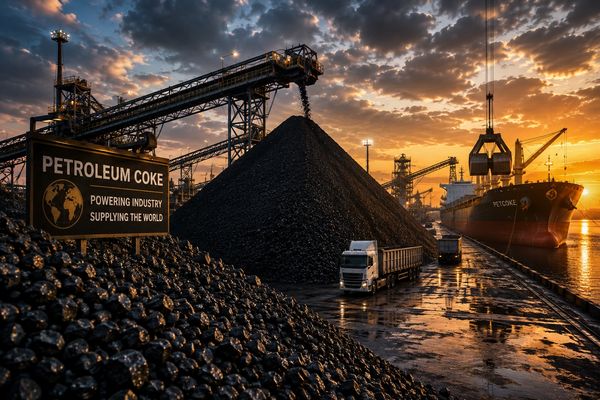 Industrial scene with petroleum coke piles at sunset.