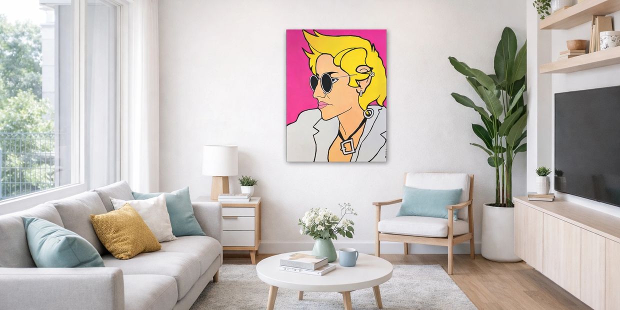 Modern living room with colorful pop art and cozy seating.