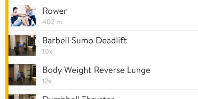 Workout exercise list with images and reps.