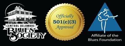 Logos of Central Delaware Blues Society, 501(c)(3) approval, and Blues Foundation affiliate.