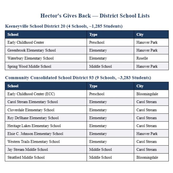 List of schools, types, and cities in two districts: Keeneyville 20 and Community Consolidated 93.