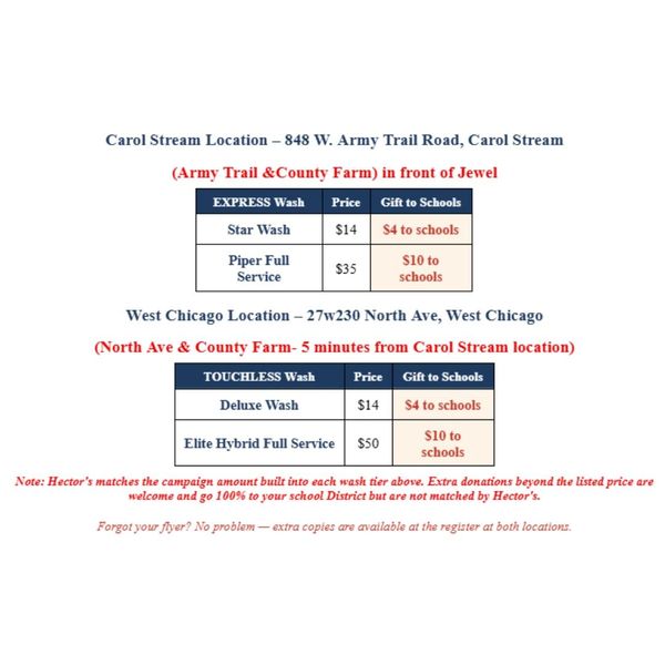Car wash prices and school donation info for Carol Stream and West Chicago locations.