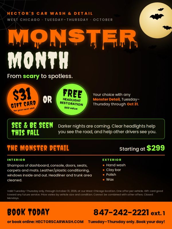 Monster Month car wash deal with $31 gift card or free headlight restoration.