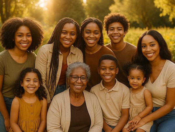 A joyful multi-generational family smiling outdoors in warm sunlight.