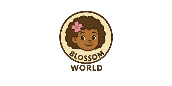 Logo of Blossom World featuring a smiling girl with curly hair and a pink flower.