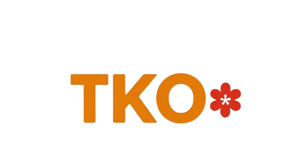 Orange letters TKO with a red flower symbol on a black background.