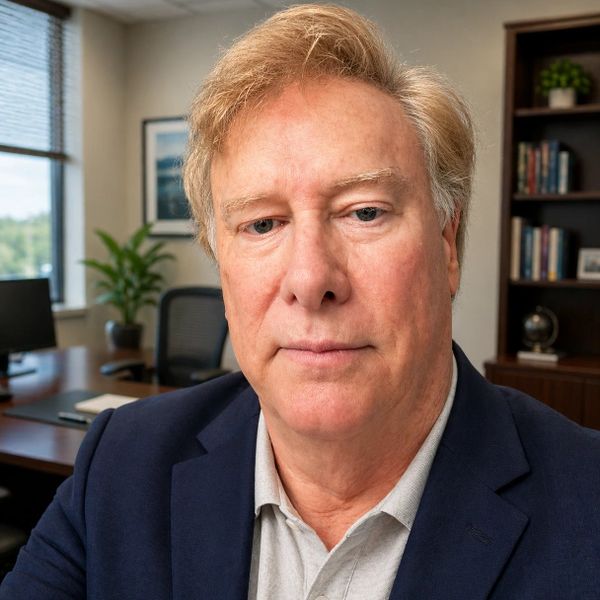 Professional man in office with books and plants in background.