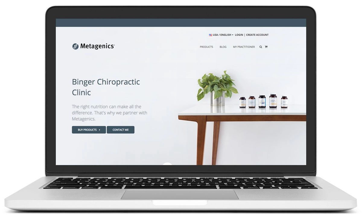 Chiropractic clinic website promoting Metagenics nutrition.