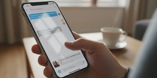 Person holding a smartphone displaying a direct message conversation in a cozy setting.