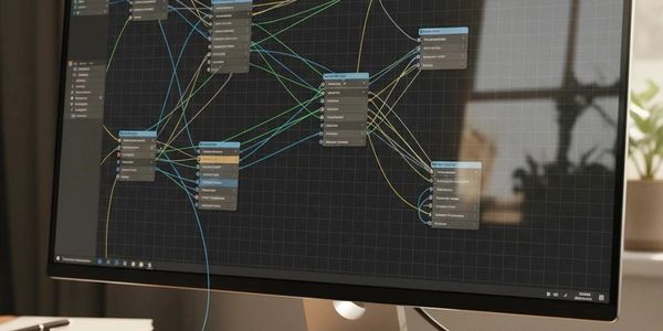 Person working on a complex node-based programming interface on a desktop monitor.