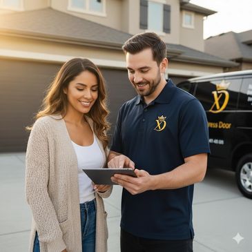 A service professional shows a woman details on a tablet outside her home.