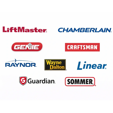 A collection of logos from garage door opener brands like LiftMaster, Chamberlain, and Genie.