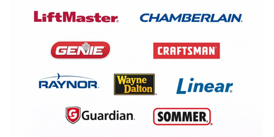 Logos of popular garage door opener brands on a white background.