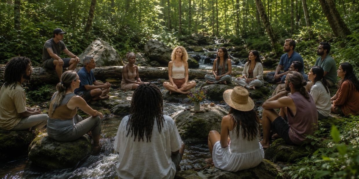 Group meditation session in a serene forest stream.