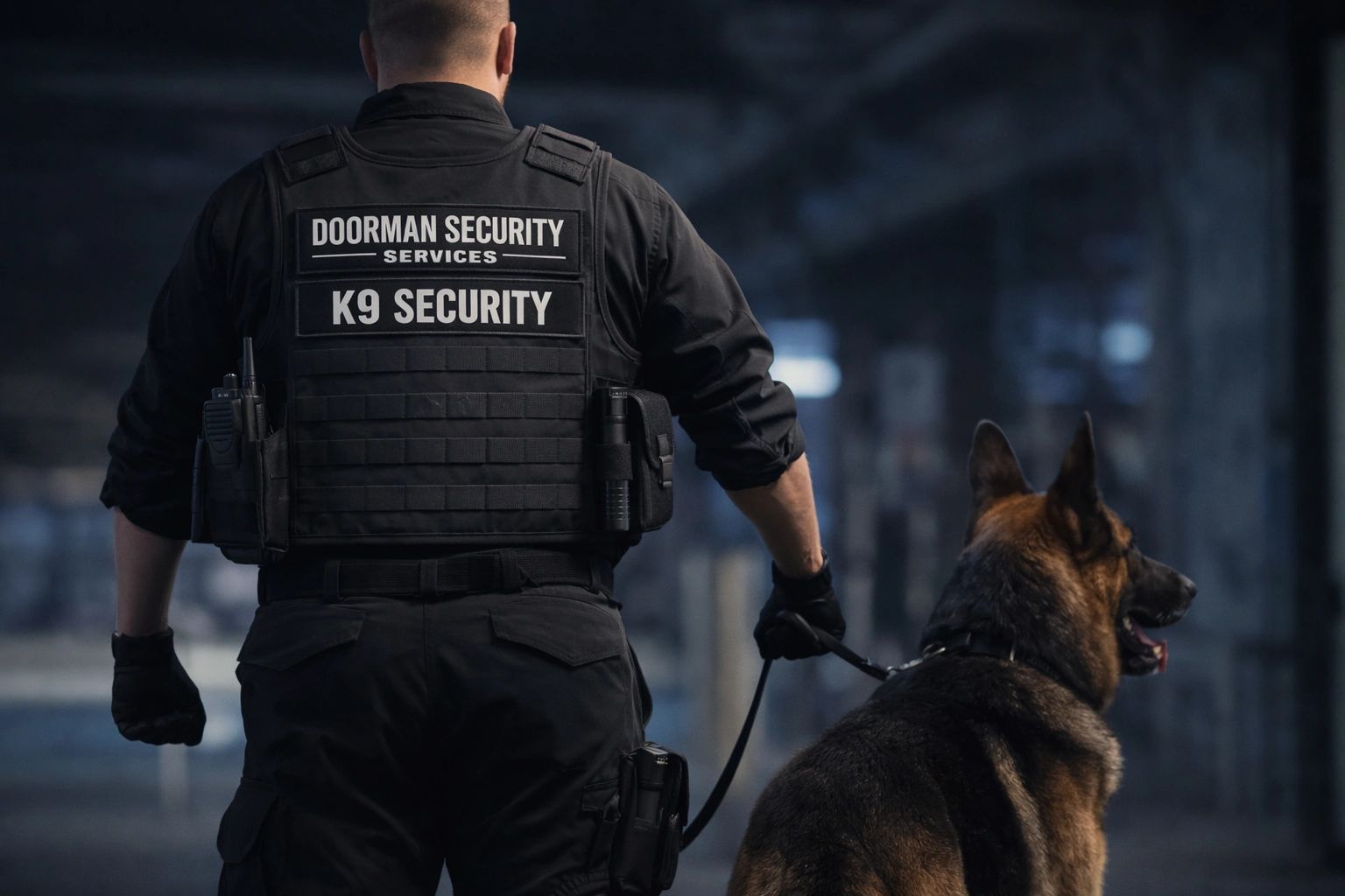 Security officer with a K9 dog in a dark industrial setting.