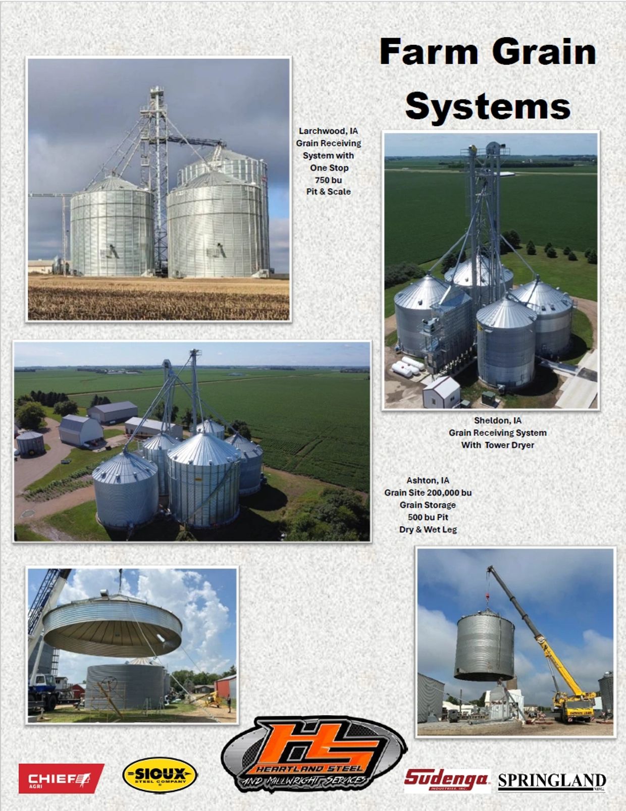 Various farm grain storage and receiving systems with silos and cranes in rural settings.