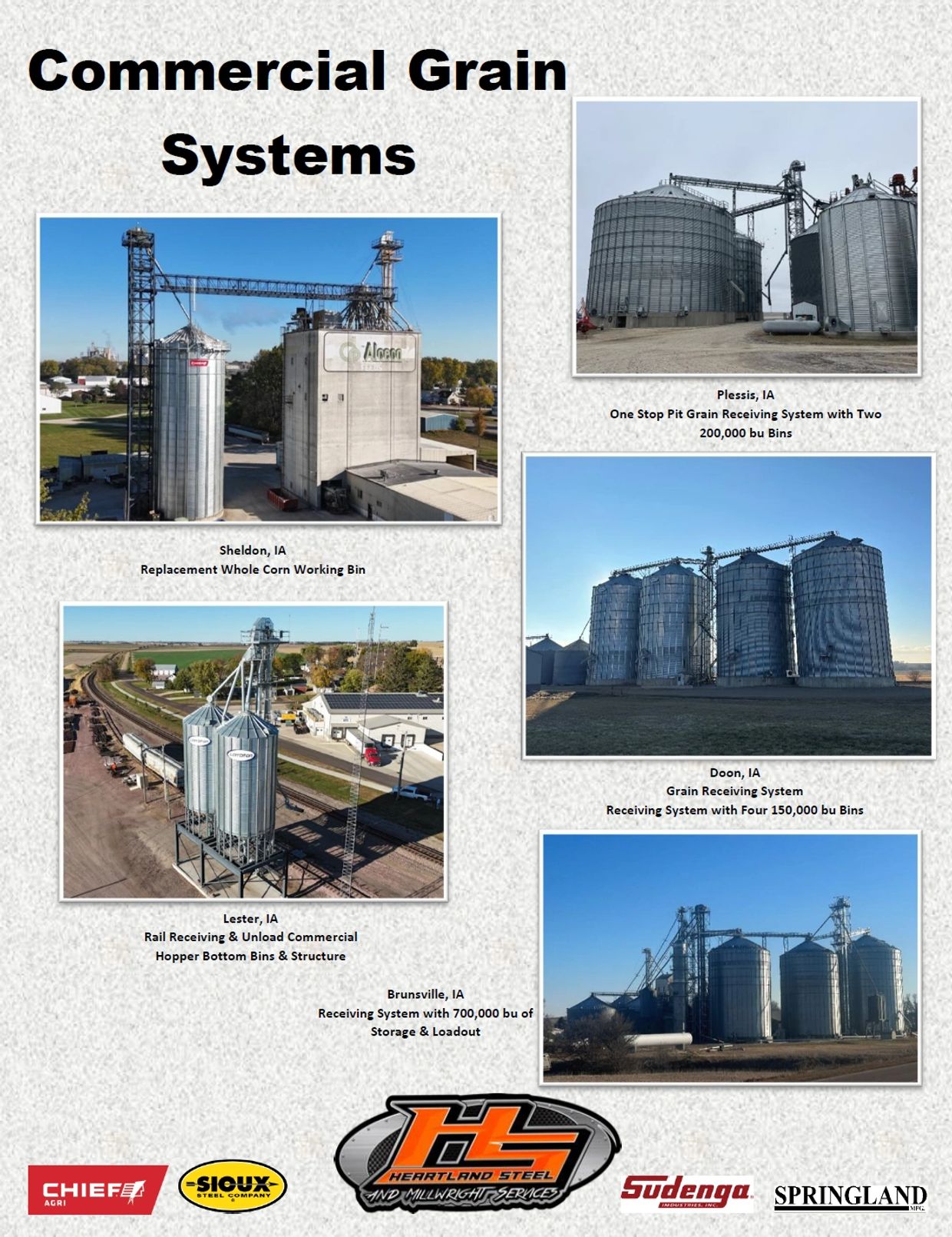 Commercial grain systems with large storage bins in various Iowa locations.