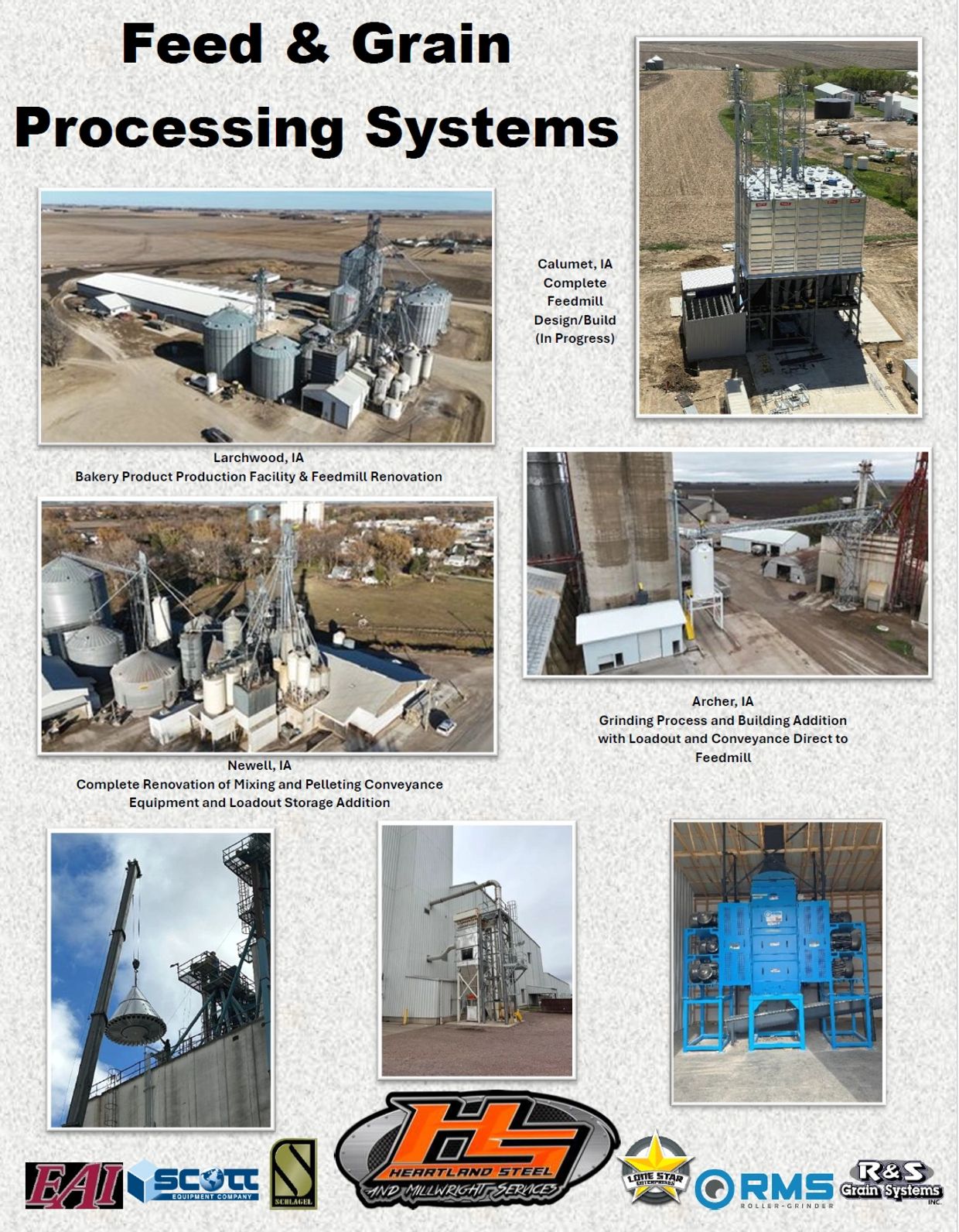 Feed and grain processing systems facility images from Iowa locations.