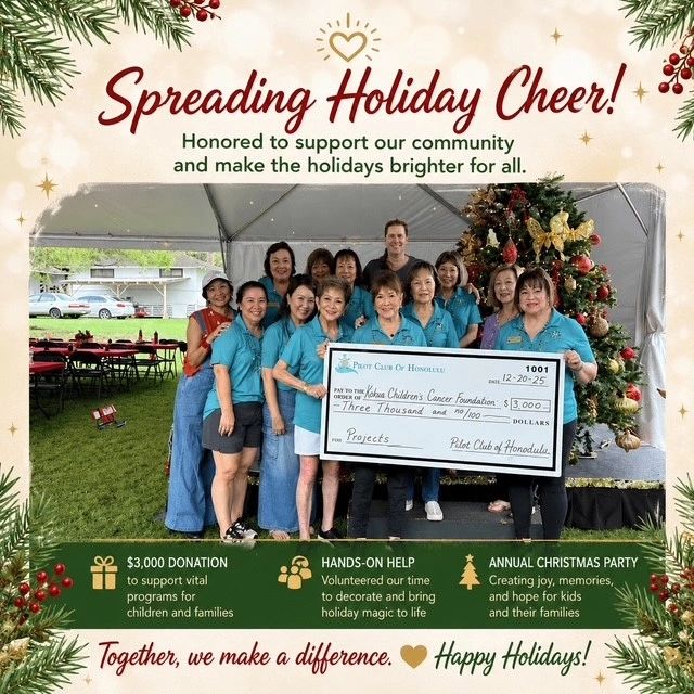 Group photo of volunteers presenting a $3,000 donation during a holiday event.