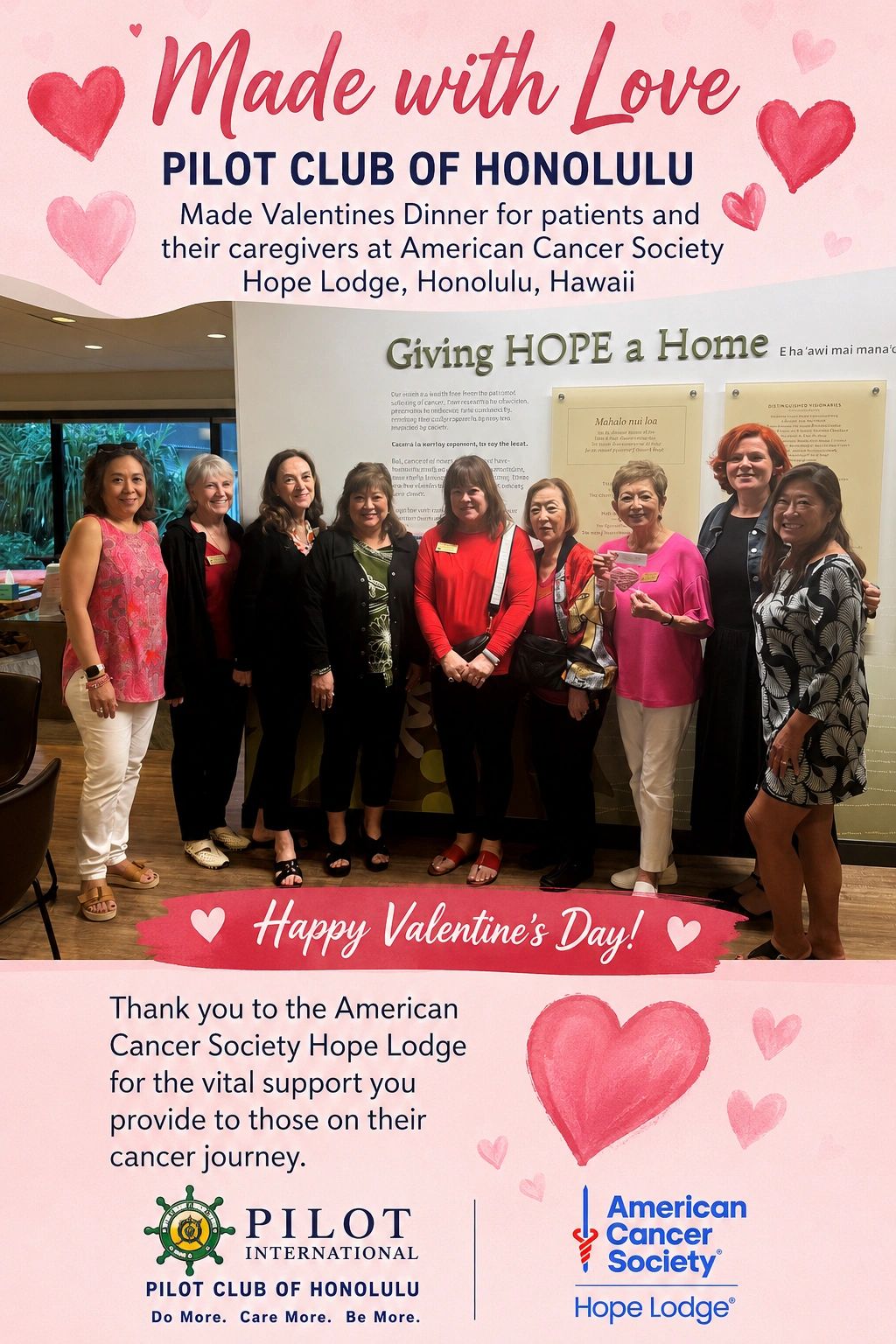 Pilot Club of Honolulu members gather to support cancer patients with a Valentine's dinner at American Cancer Society Hope Lodge.