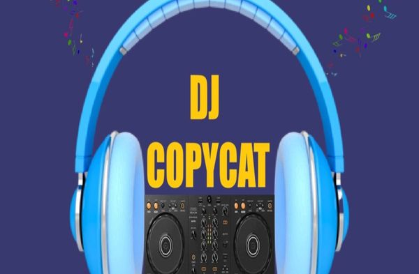 Illustration of a DJ setup with headphones and the name DJ COPYCAT.