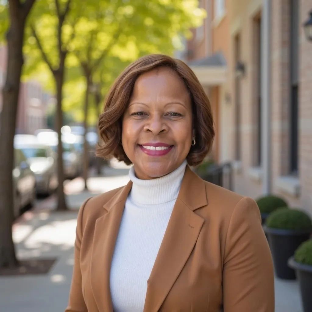 Smiling woman in brown blazer outdoors.