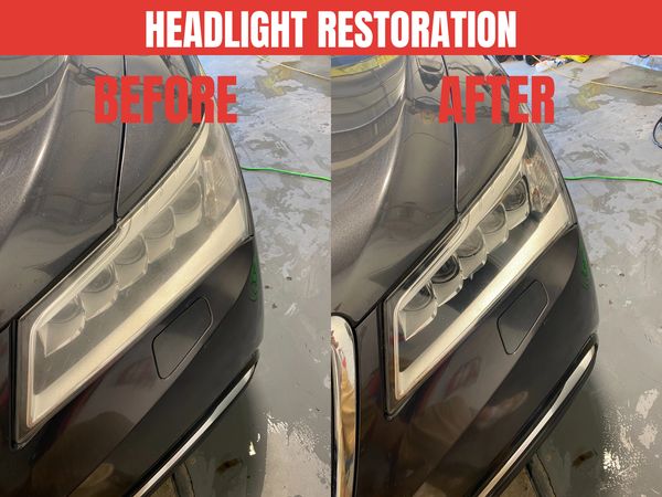 Comparison of car headlights before and after restoration, showing improved clarity.