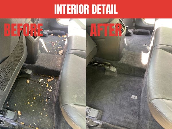 Before and after car interior detailing showing a clean carpet.