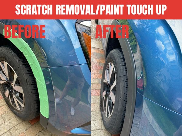Before and after images of a car's scratch removal and paint touch-up on the front fender.