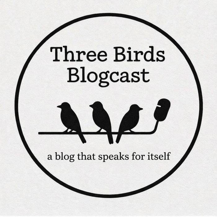 Logo for Three Birds Blogcast featuring three bird silhouettes and a microphone.