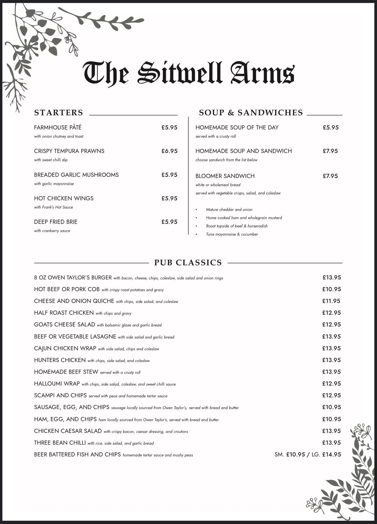 Menus Sitwell Arms