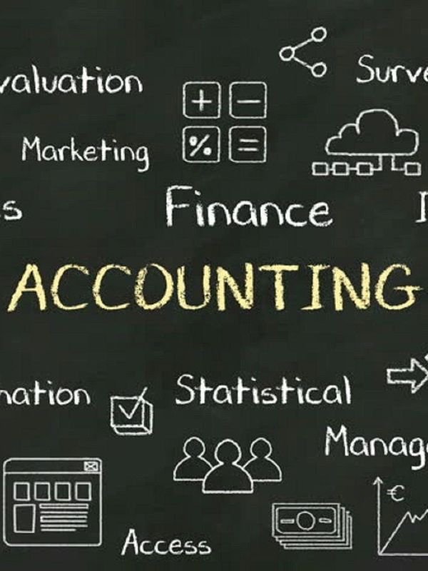 Chalkboard with accounting and finance terms and icons.