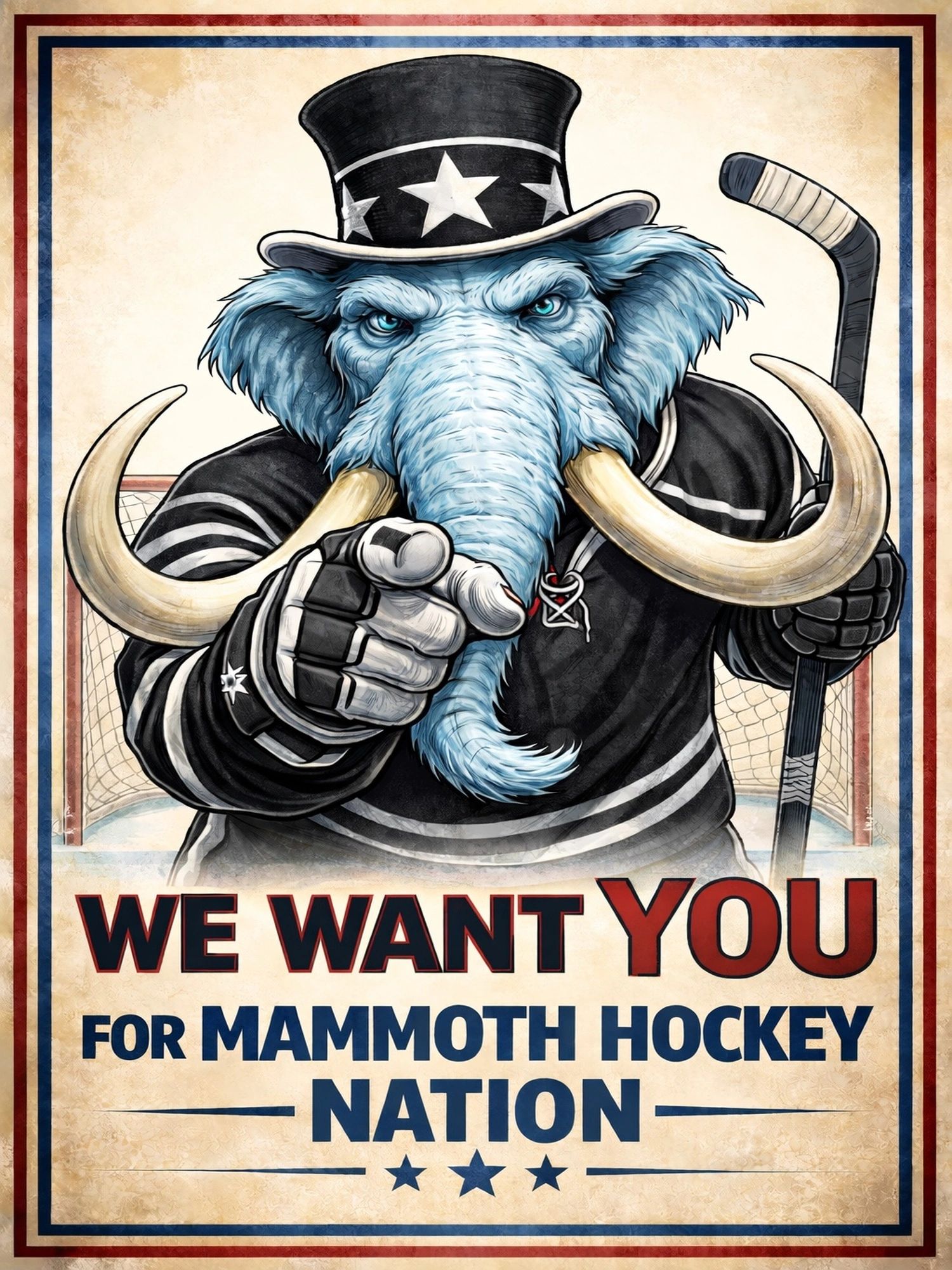 Illustration of a mammoth in hockey gear pointing forward with recruitment text.