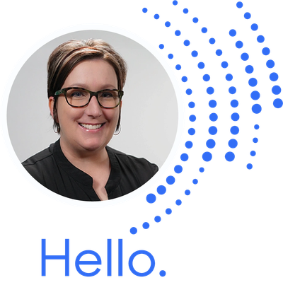 Professional woman with glasses smiling, accompanied by the word 'Hello.'