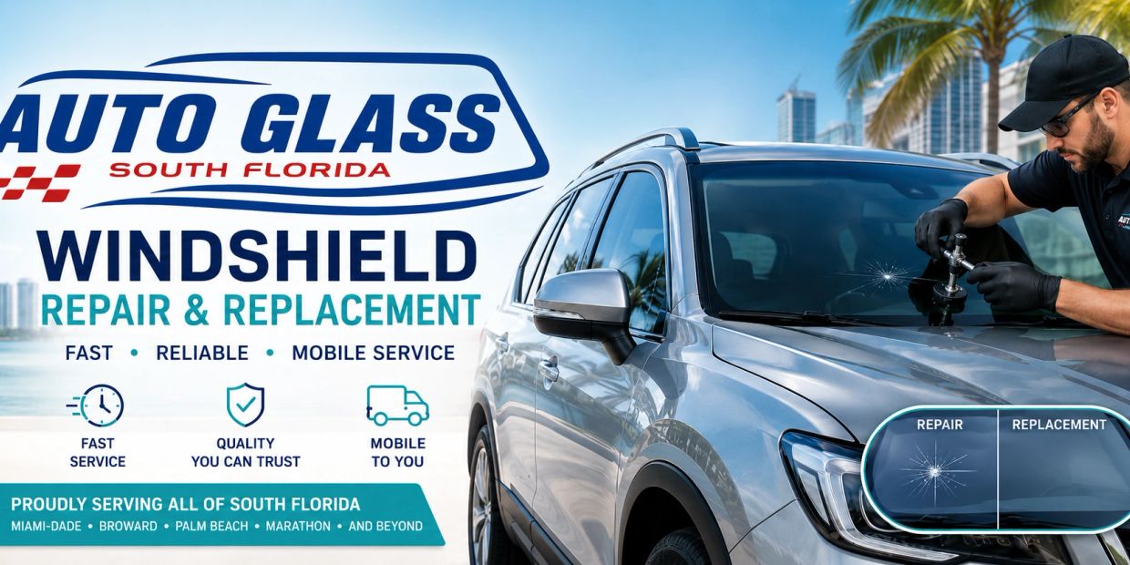 Technician repairing a car windshield for Auto Glass South Florida's mobile service.