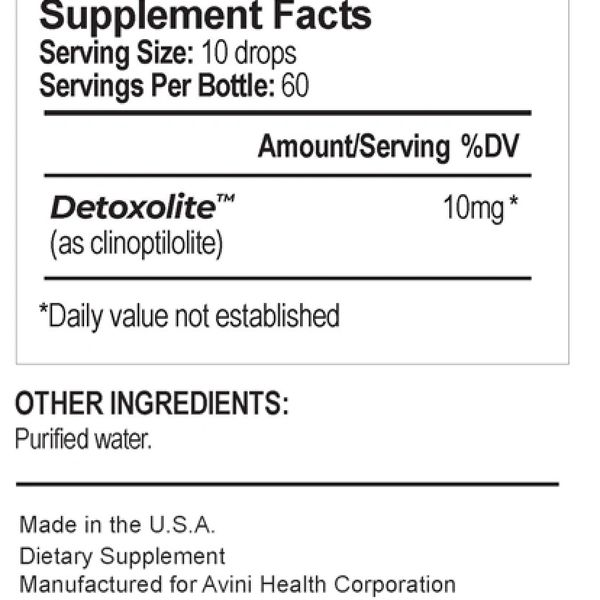 Supplement facts label for Detoxolite dietary supplement.