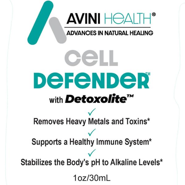 Avini Health Cell Defender with Detoxolite supports immune health and toxin removal.