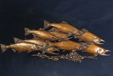 salmon art, bronze salmon, wall sculpture fish, bronze salmon wall sculpture