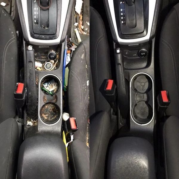Before and after cleaning a very dirty car interior center console.