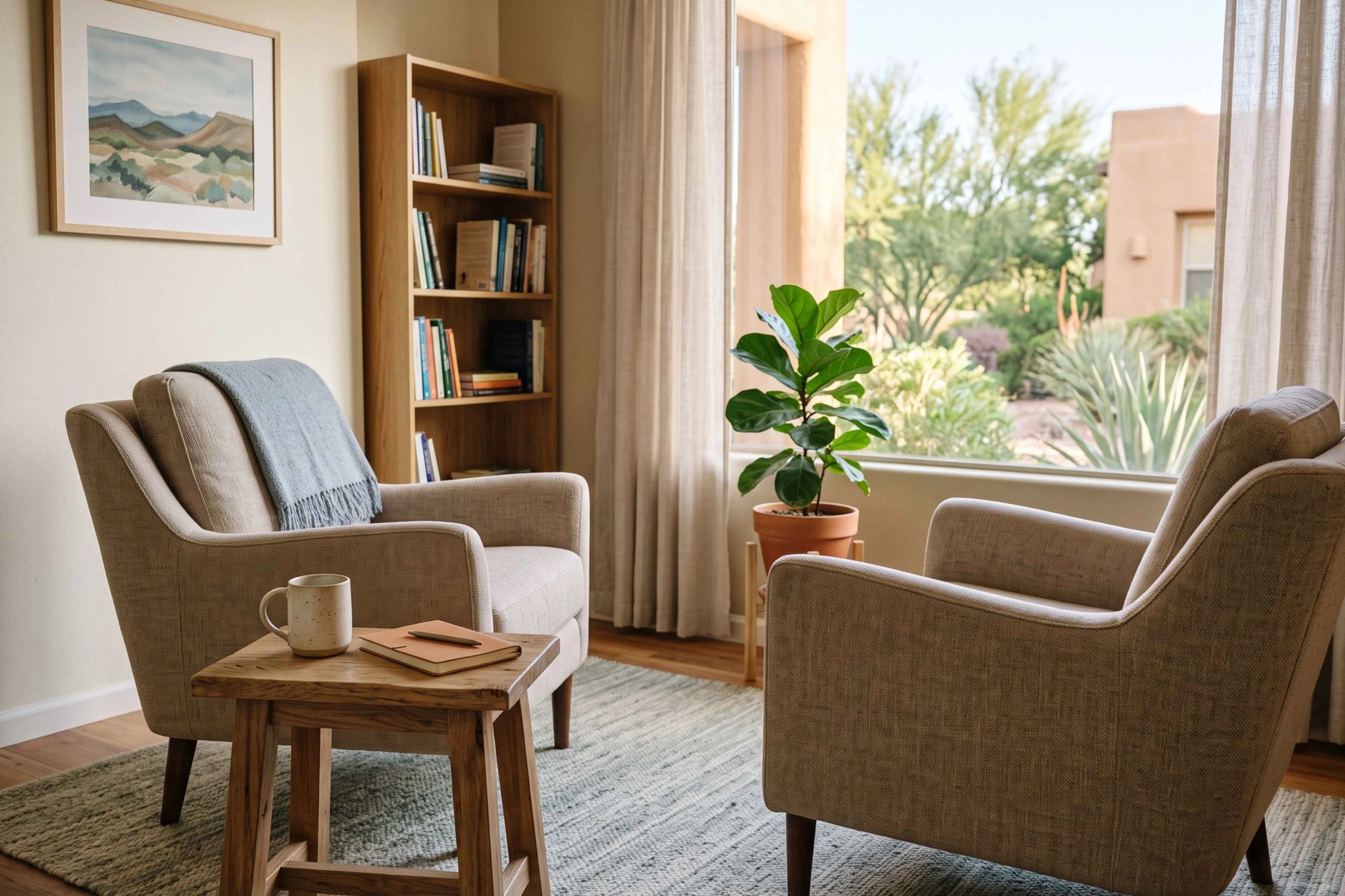 Cozy living room with chairs, bookshelf, and potted plant.