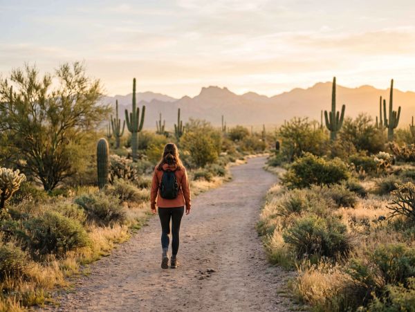 Person hiking on a desert trail at sunset.