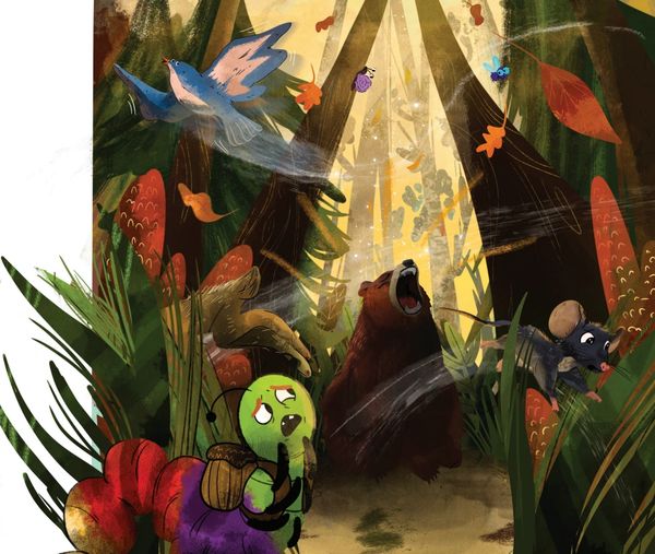 Animated forest scene with animals reacting to a roaring bear.