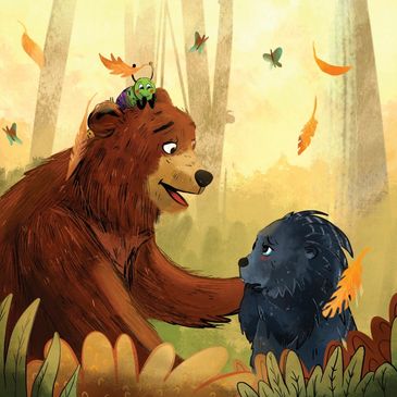 A bear comforts a small porcupine in a forest with a caterpillar on its head.