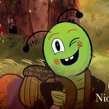 A cheerful animated green bug holding an acorn and winking.