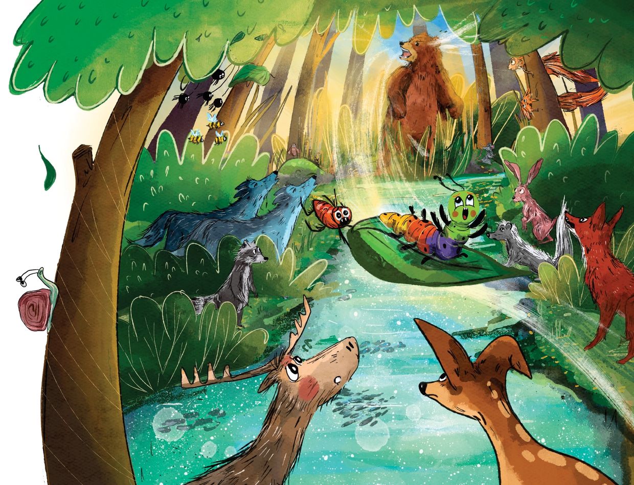 Various animals gather around a river to watch bugs on a leaf boat.