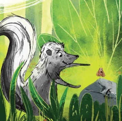 A skunk and a bug interacting in a forest.