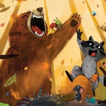 A bear and raccoon joyfully high-five in an animated forest scene.